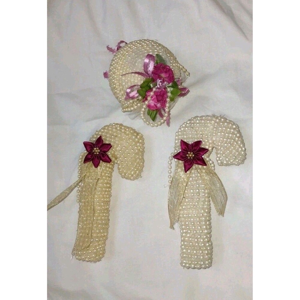(3) VTG Faux Pearl Beaded Candy Canes & Round Ball Ornaments Victorian